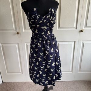 Anthropologie Strapless Dress in Navy with Birds
